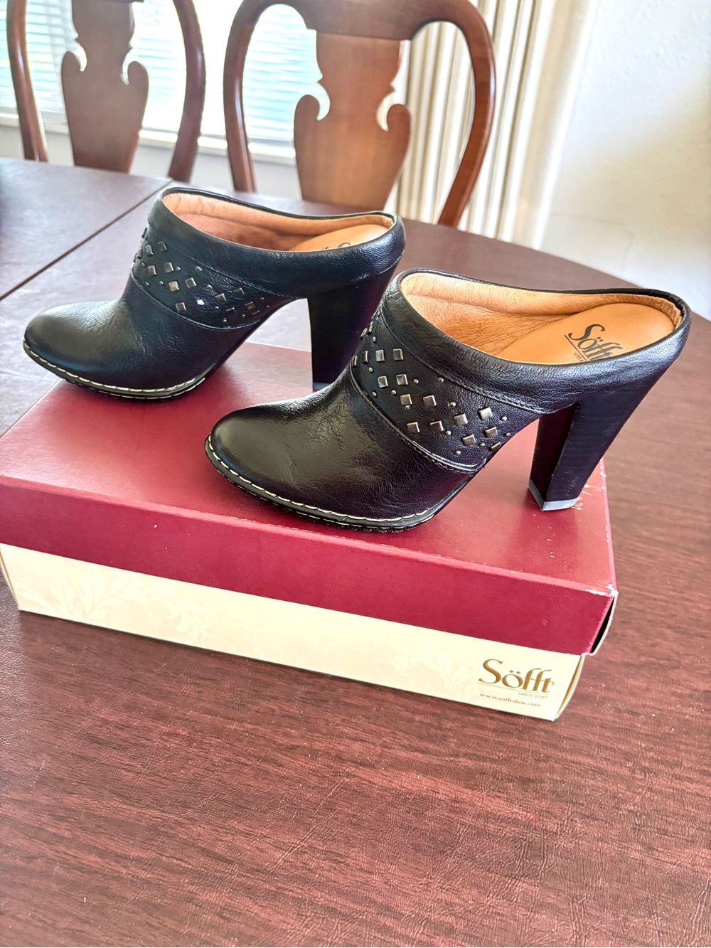 Vintage Sofft Black Leather Studded Mule Heels | Size 7